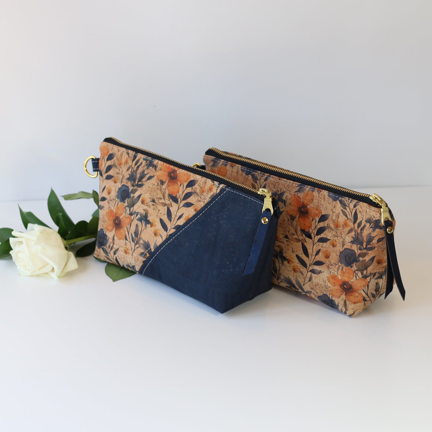 Prairie Blossom and Navy - Wide Cork Travel Pouch
