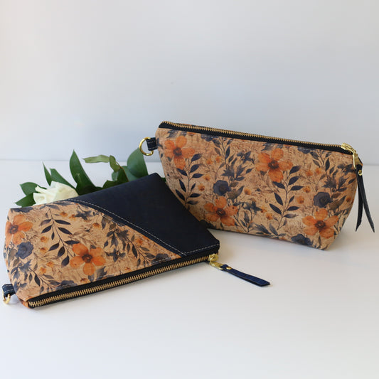 Prairie Blossom and Navy - Wide Cork Travel Pouch