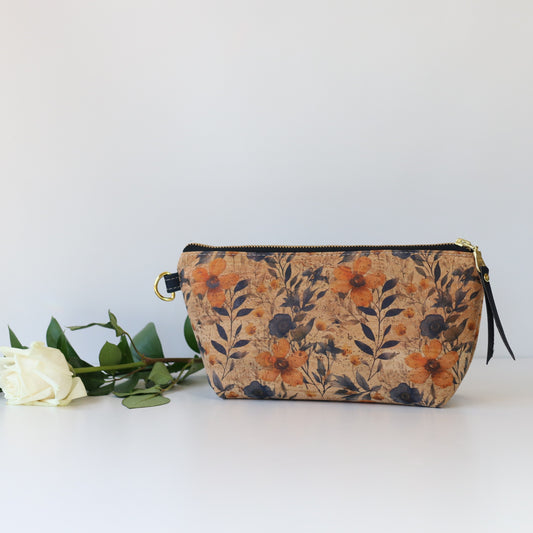 Prairie Blossom and Navy - Wide Cork Travel Pouch