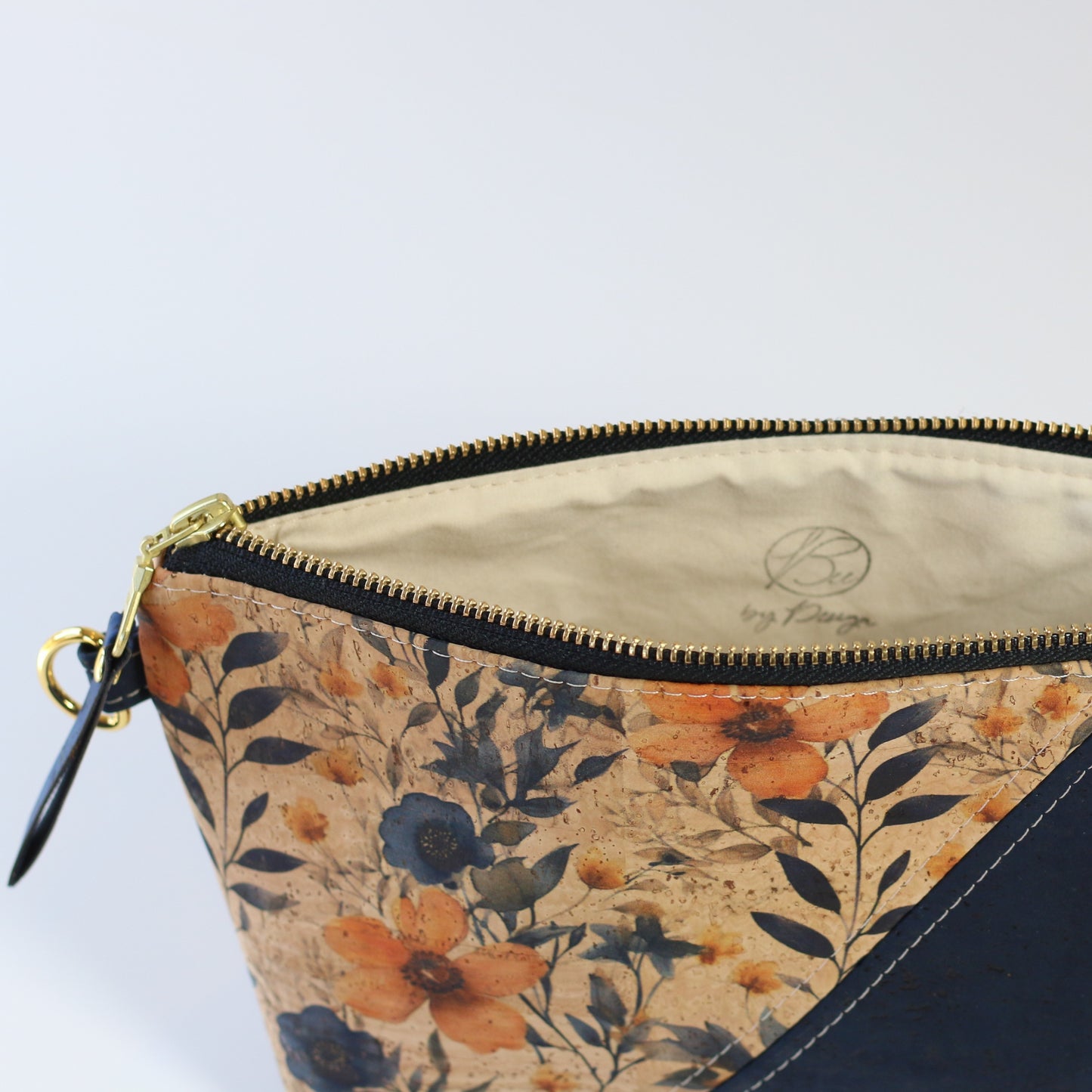 Prairie Blossom and Navy - Wide Cork Travel Pouch