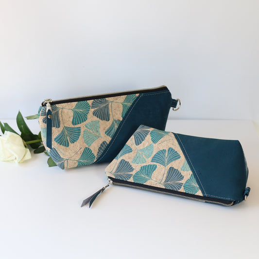 Gingko Bilboa Leaves and Teal - Wide Cork Travel Pouch