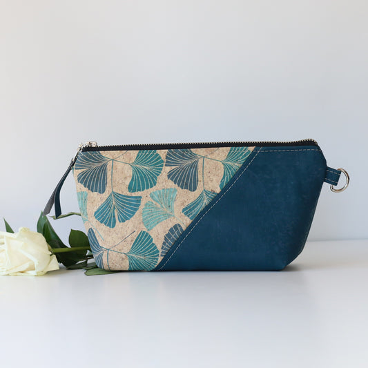 Gingko Bilboa Leaves and Teal - Wide Cork Travel Pouch