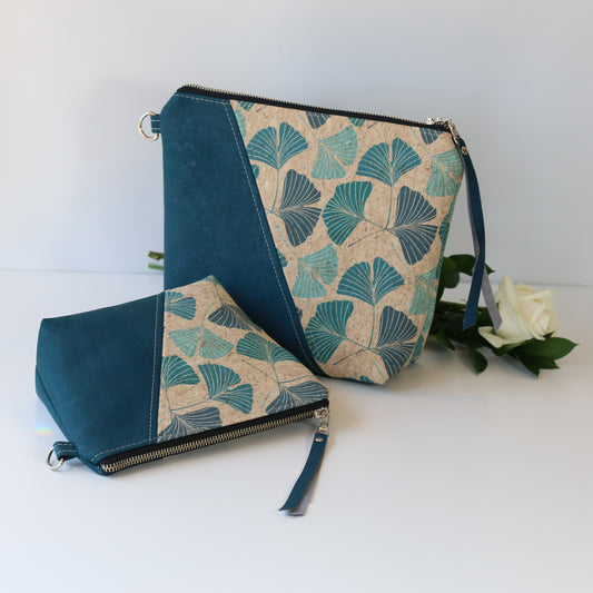 Gingko Bilboa Leaves and Teal - Cork Travel Pouch
