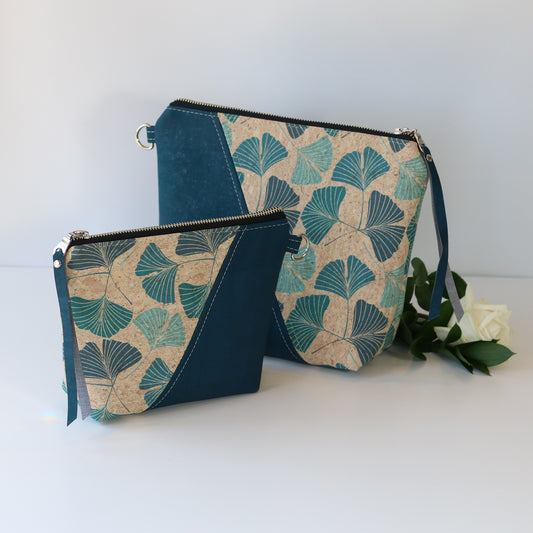 Gingko Bilboa Leaves and Teal - Cork Travel Pouch