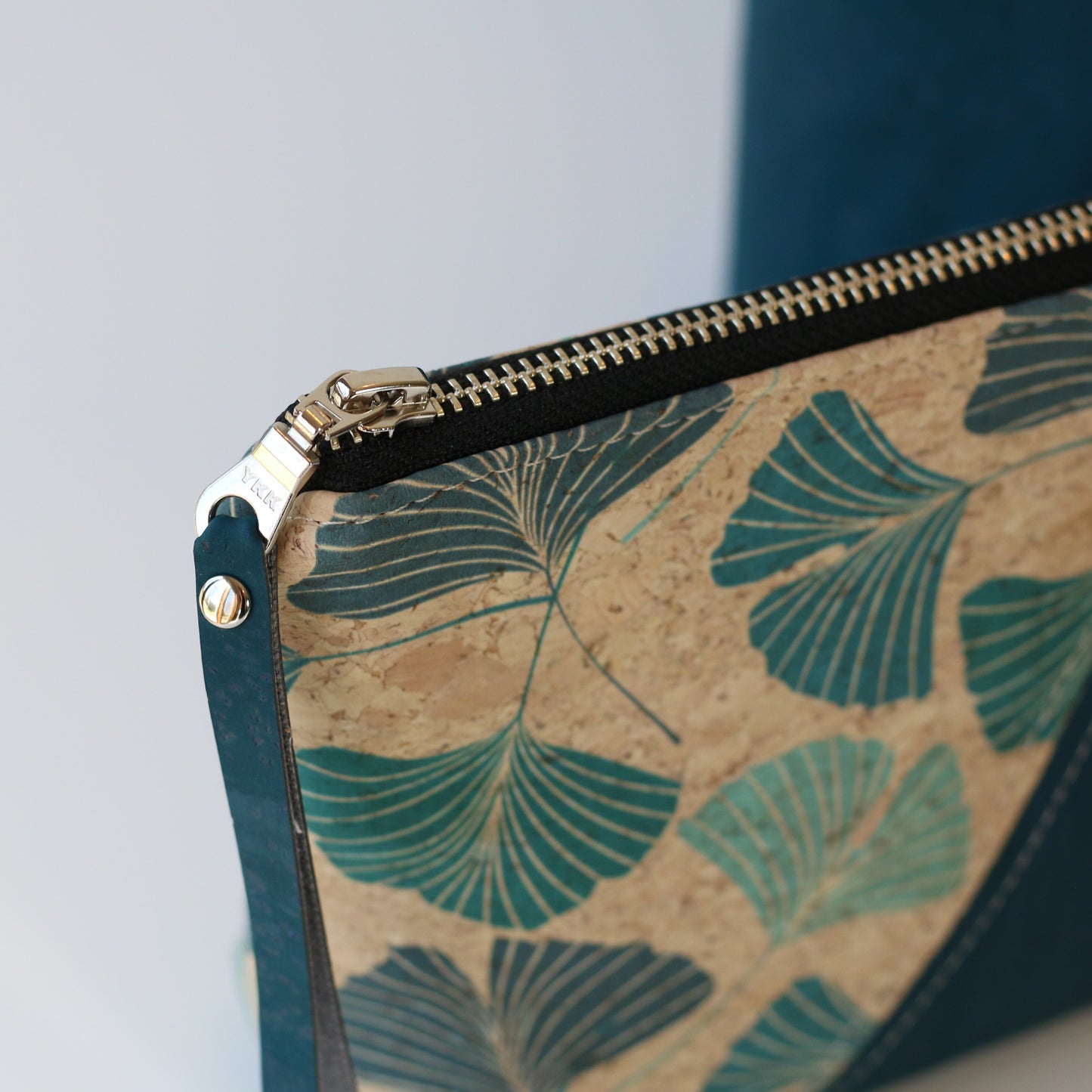 Gingko Bilboa Leaves and Teal - Cork Travel Pouch