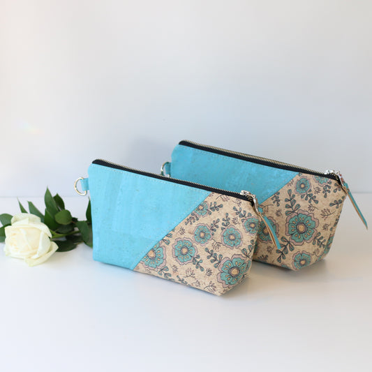Aqua Floral - Wide Cork Travel Pouch