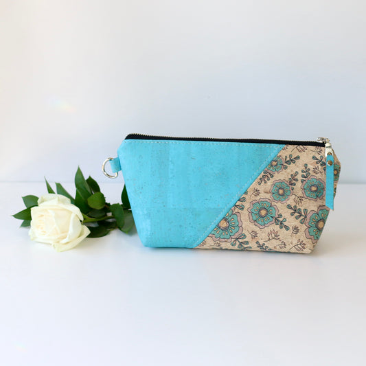 Aqua Floral - Wide Cork Travel Pouch