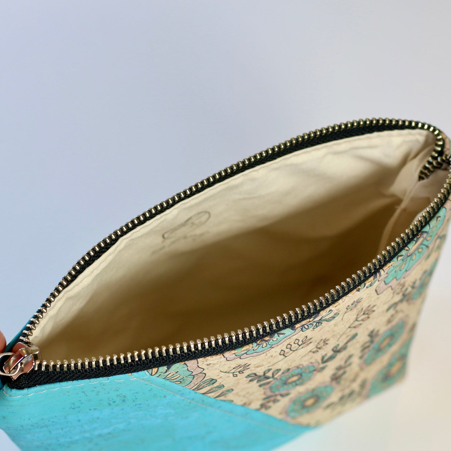 Aqua Floral - Wide Cork Travel Pouch