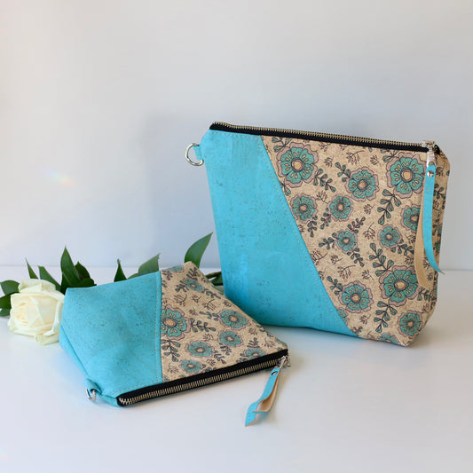 Aqua Floral - Cork Travel Pouch