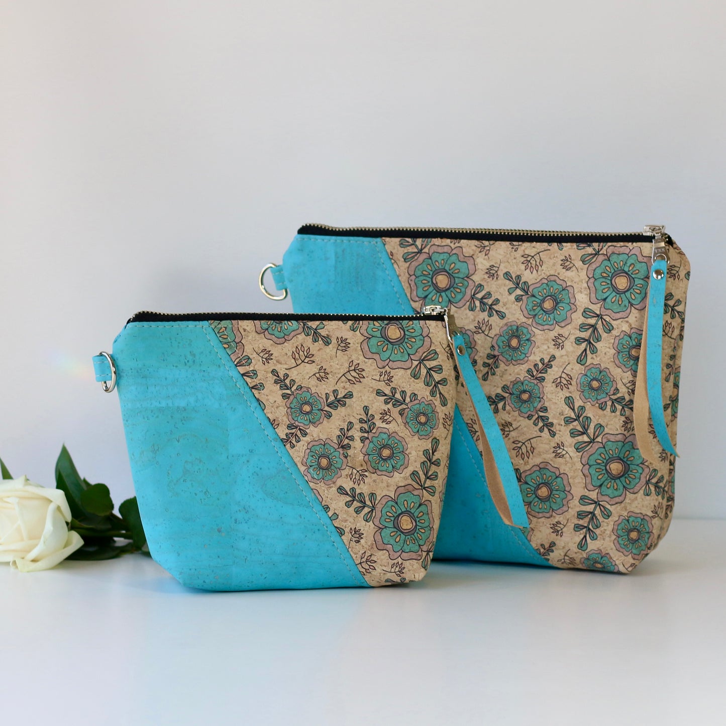 Aqua Floral - Cork Travel Pouch