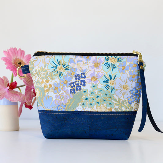 English Rose in blues - Cork and Canvas Travel Pouch