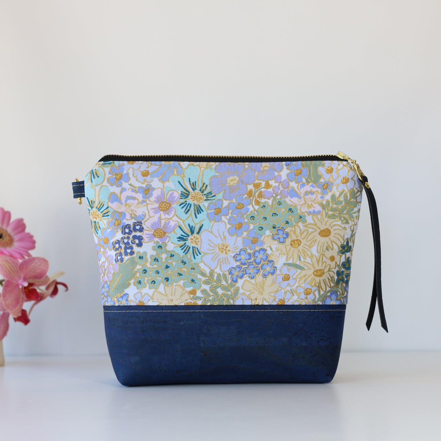 English Rose in blues - Cork and Canvas Travel Pouch