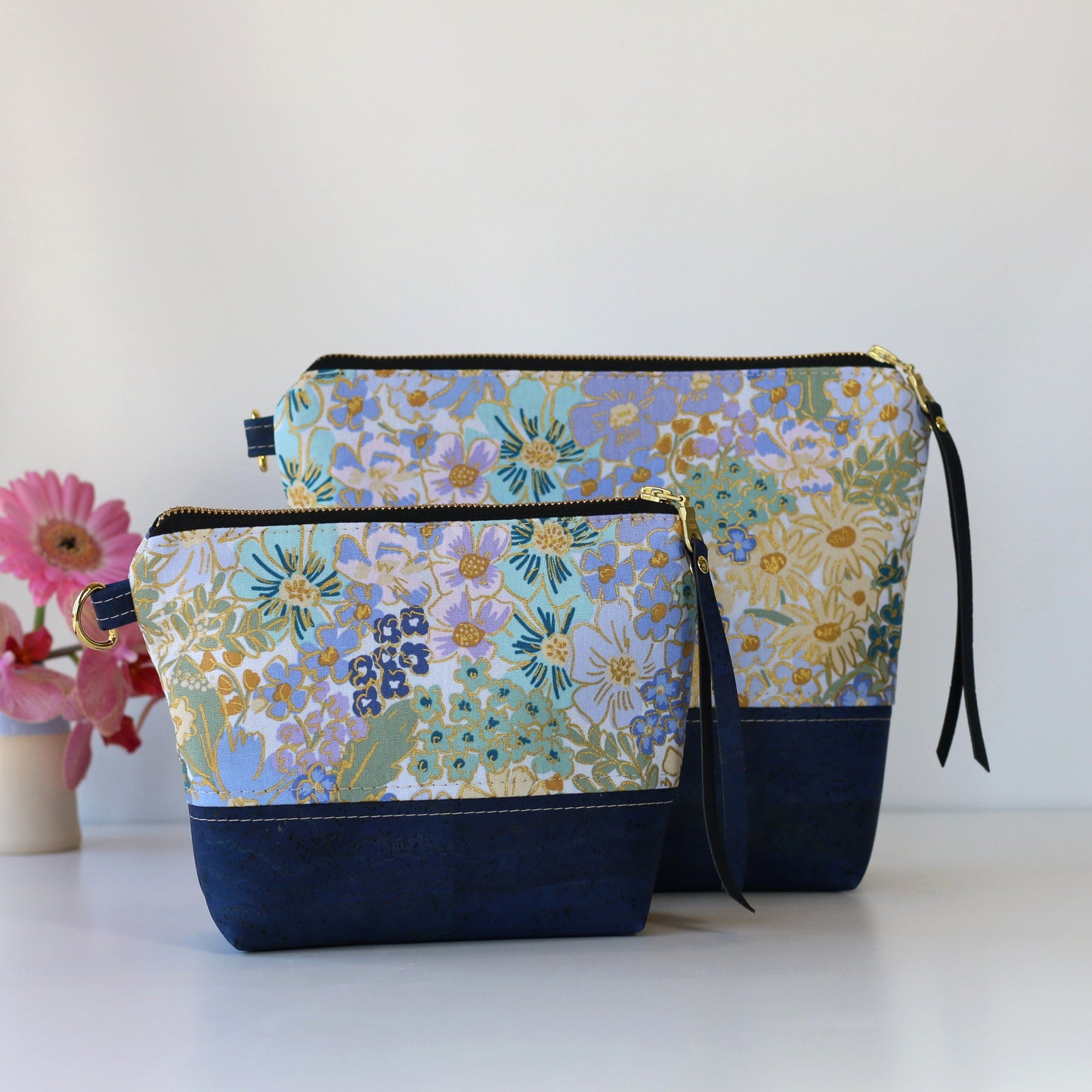 English Rose in blues - Cork and Canvas Travel Pouch