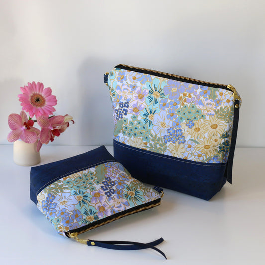 English Rose in blues - Cork and Canvas Travel Pouch