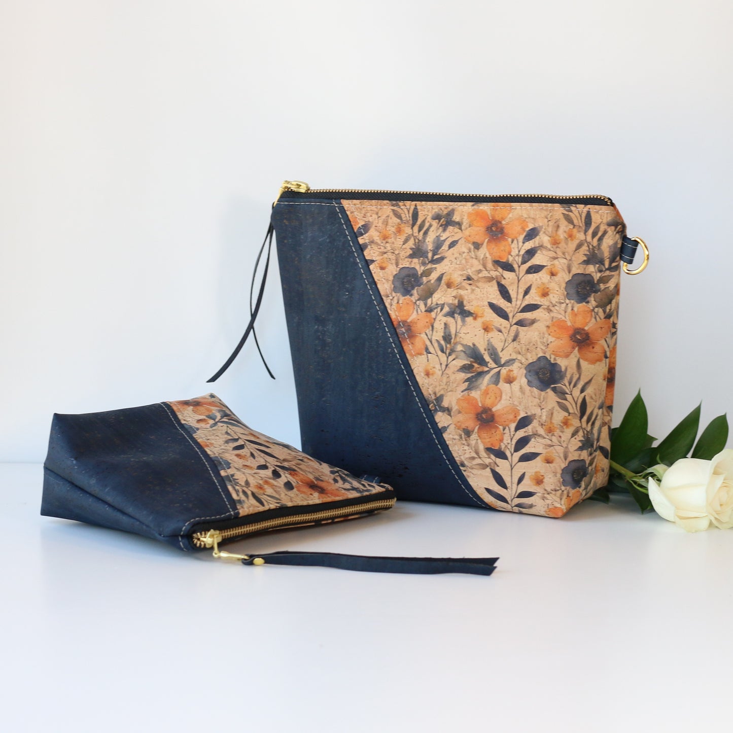 Prairie Blossom and Navy - Cork Travel Pouch