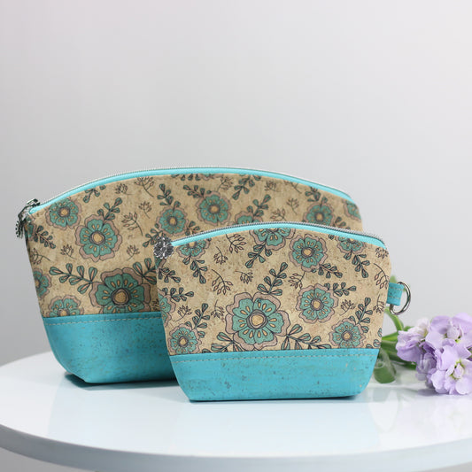 Aqua Floral - Cork Luna Pouch