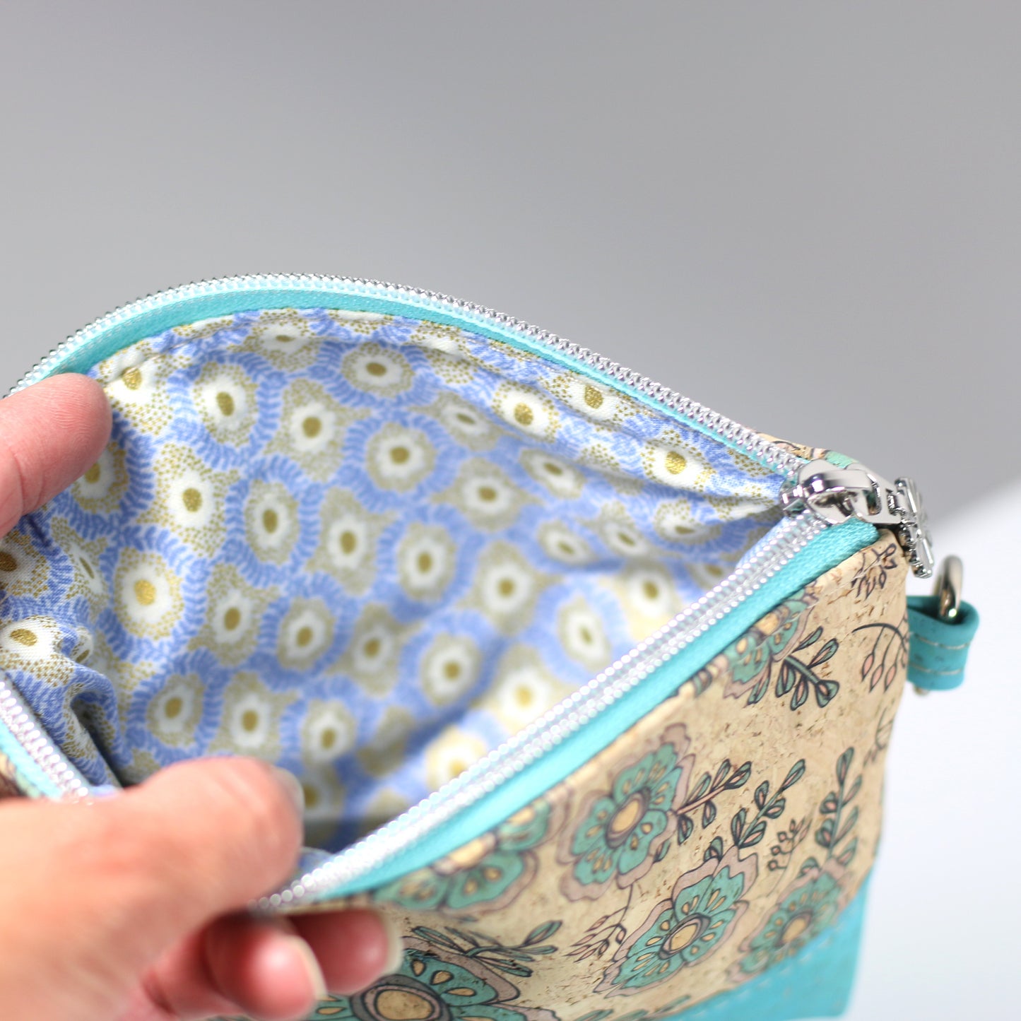 Aqua Floral - Cork Luna Pouch